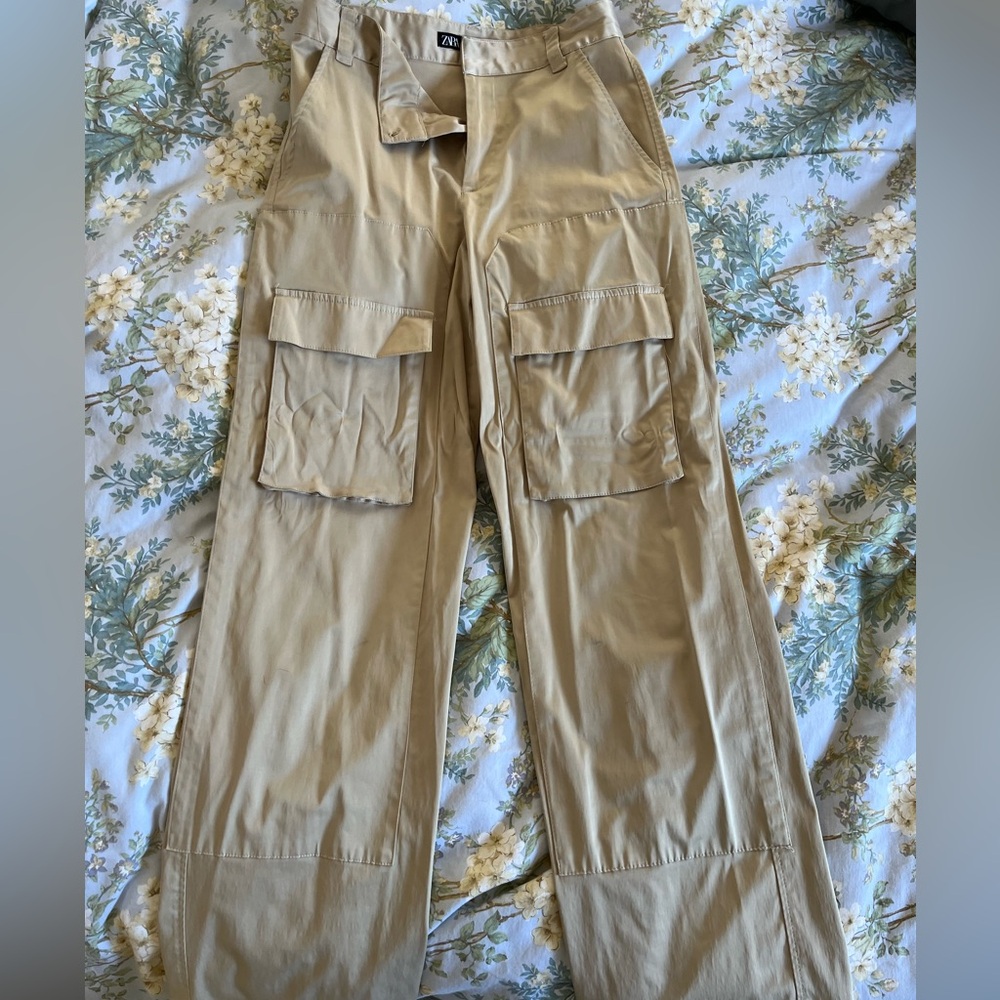 Zara Women's Tan Satin Wide Leg Cargo Pants